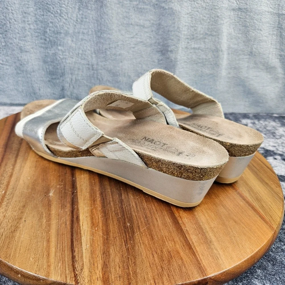 Naot Royalty Women's Soft White/Silver Leather Wedge Slide Sandals EU 39/US 8